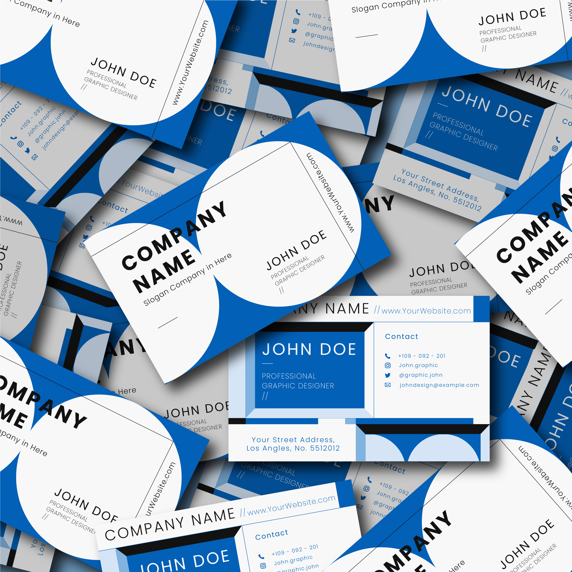 Professional business cards in blue and white design showcasing OptiPrint's high-quality business card printing services with various layouts and finishes