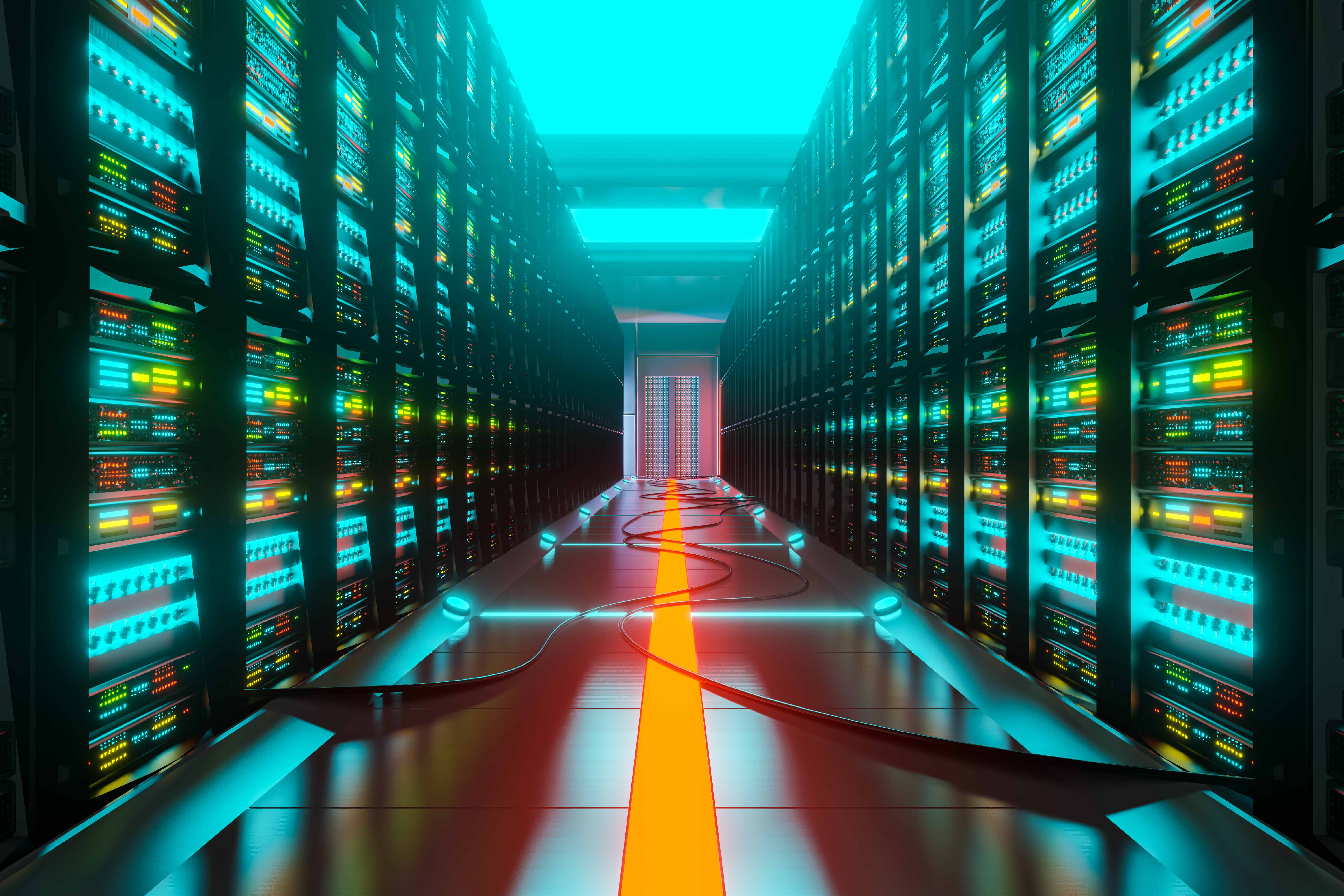 Futuristic data center with illuminated server racks and advanced IT infrastructure