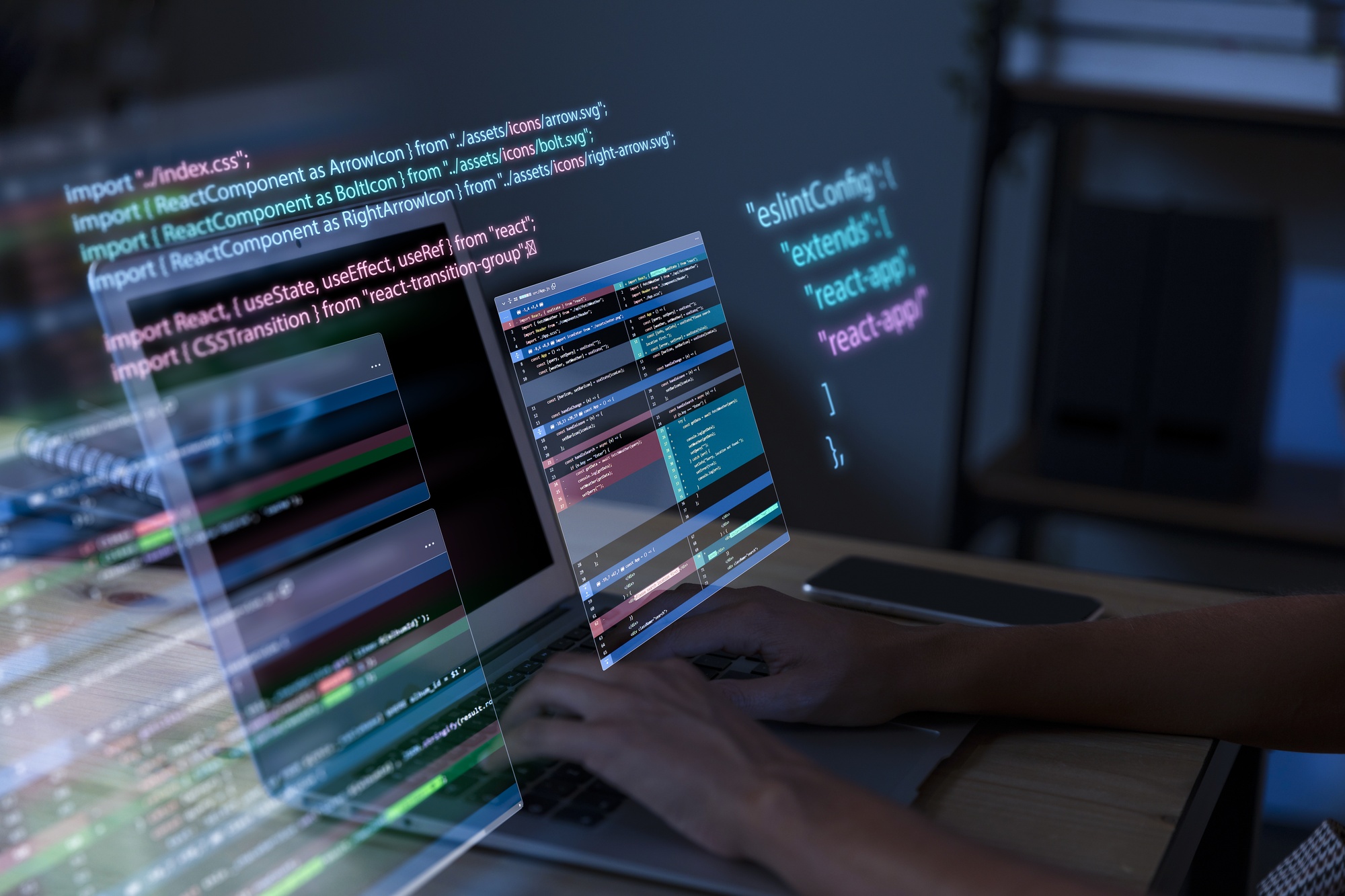 Professional mobile app development workspace with multiple monitors showing React code and development tools