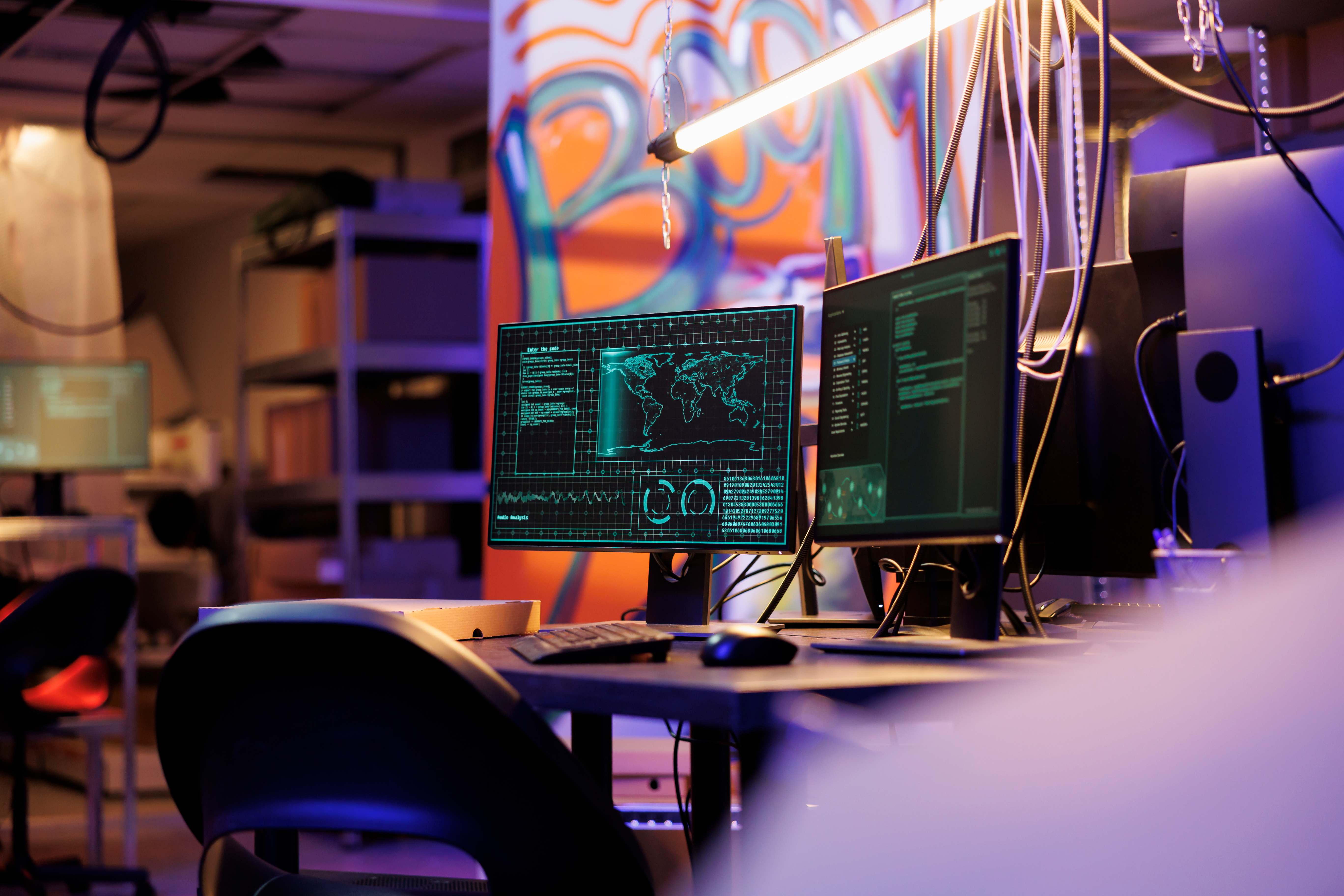 Modern tech operations center with multiple monitors displaying network analytics and world maps